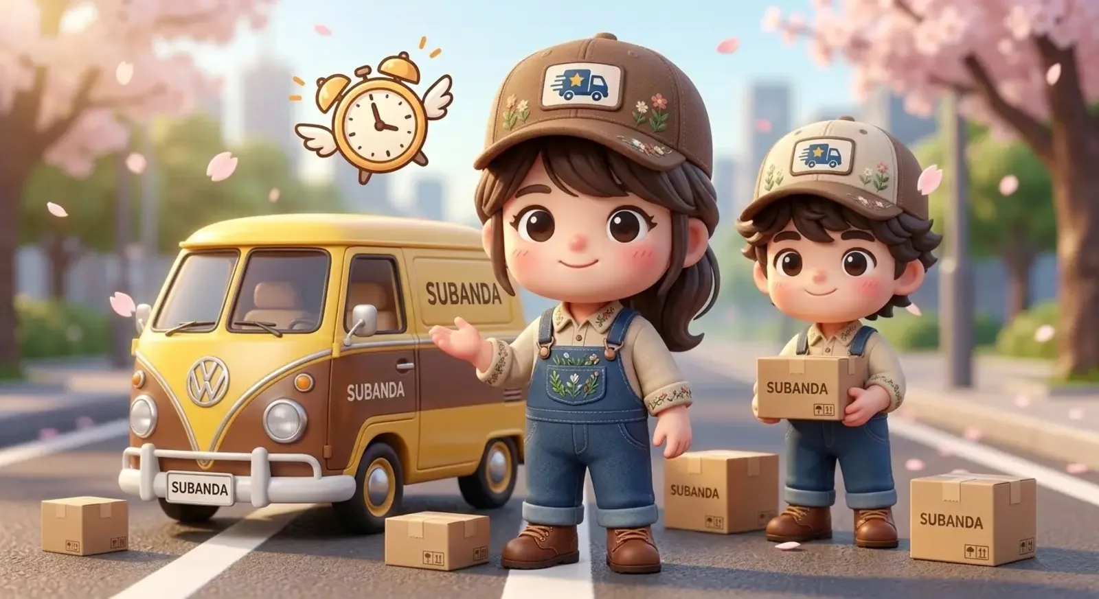 卡通風格的兩位搬運人員手持紙箱站在標有 SUBANDA 的黃色搬家車旁，街道與櫻花背景