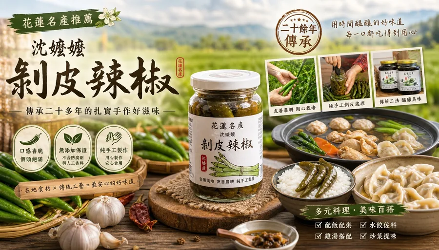 一罐標有「剝皮辣椒」字樣的玻璃罐置於木板上，旁邊擺有蒜頭、新鮮青辣椒、白飯與水餃，背景為田野與標示「二十餘年傳承」的橫幅