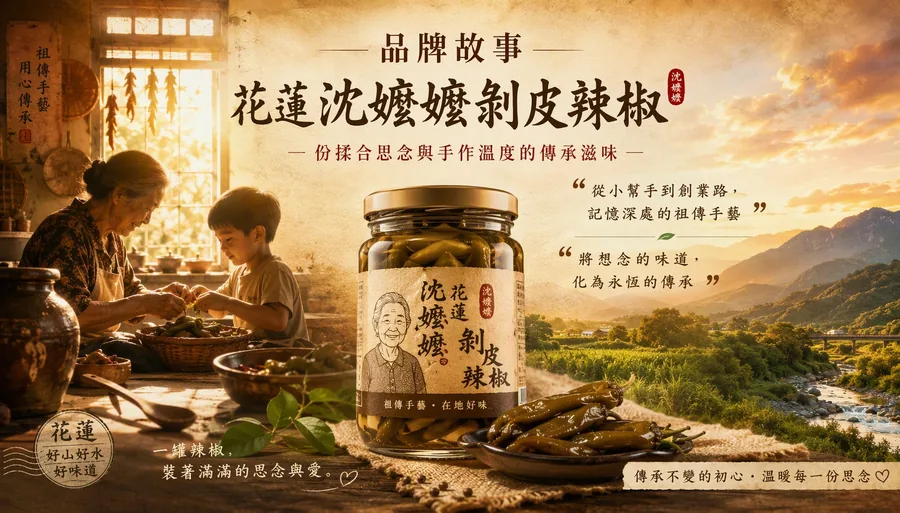 老奶奶與小男孩在陽光廚房剝辣椒，前景擺放一罐沈嬤嬤剝皮辣椒與盤裝辣椒，右側為花蓮山景與河流遠景