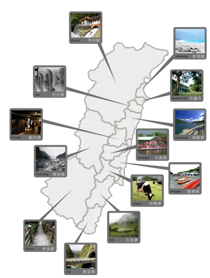 花蓮縣示意地圖,周邊以箭頭連結多張景點縮圖標示各區旅遊亮點