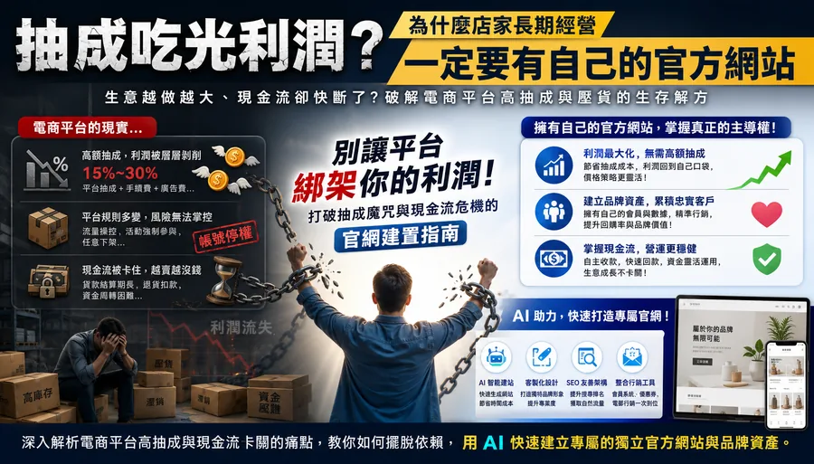 橫幅圖：中間背影男子雙手舉起掙脫鐵鍊，左側堆滿紙箱與沮喪的店主插畫，右側列出官網優勢的圖示與桌機、手機網站示意畫面