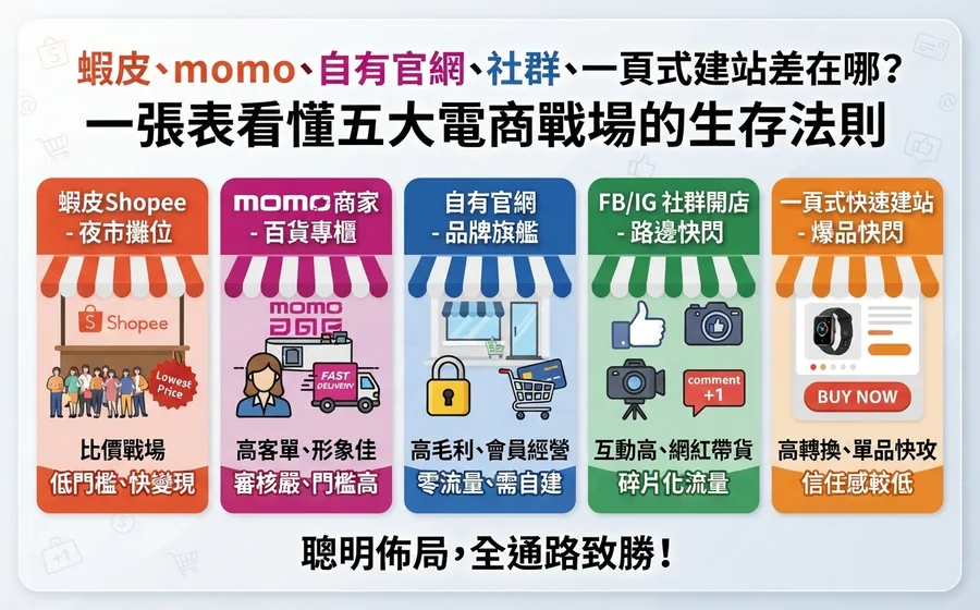 彩色資訊圖：比較蝦皮、momo、自有官網、FB/IG 社群開店與一頁式快速建站五大電商通路，每欄有圖示與簡短優劣說明