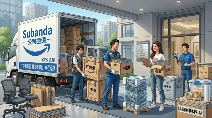 速搬達 SUBANDA 企業搬遷團隊在辦公大樓外將標註「IT設備」與「檔案」的箱子搬上寫有 Subanda 公司搬遷標誌的貨車，現場有員工、包裝材料與辦公椅堆疊。